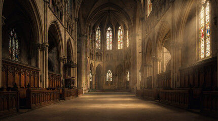 Obraz premium Interior of Magnificent Gothic Cathedral with Sunlight Streaming through Stained Glass Windows