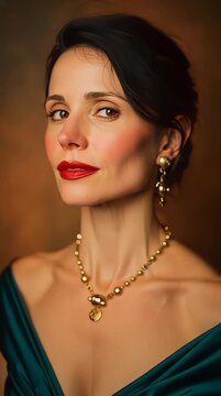 Elegant woman wearing green dress and gold jewelry posing against brown background.