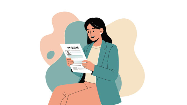 Woman reviewing resume with photo and text, job application, career choice, interview preparation