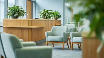 Fototapeta premium Medium shot of a family practice waiting room featuring a welcoming reception desk cozy armchairs and calming green plants sharp in focus with a softly outoffocus surrounding.