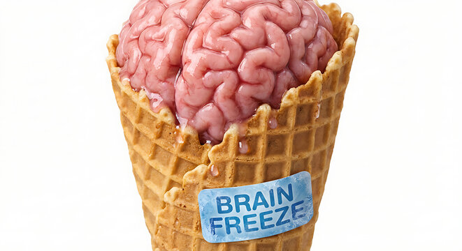 Surreal Brain Freeze Concept: Human Brain in Ice Cream Waffle Cone