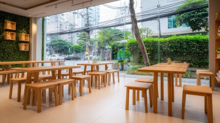 Fototapeta premium Modern Cafe Interior with Wooden Furniture.