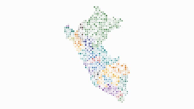 Peru animated country shape. Pulsating colored dots on the map of the country. Small size rounded square blocks. Digital style Peru map on white background. Trending animation video.