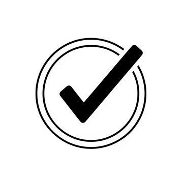 A simple black check mark symbol centered inside a double lined circular frame for design use isolated on white background