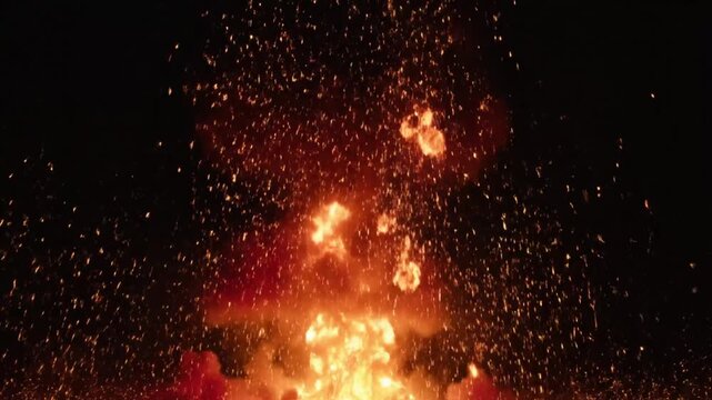 Epic Explosion Sequence: Slow Motion Fireball and Debris on Dark Background, An Intense display