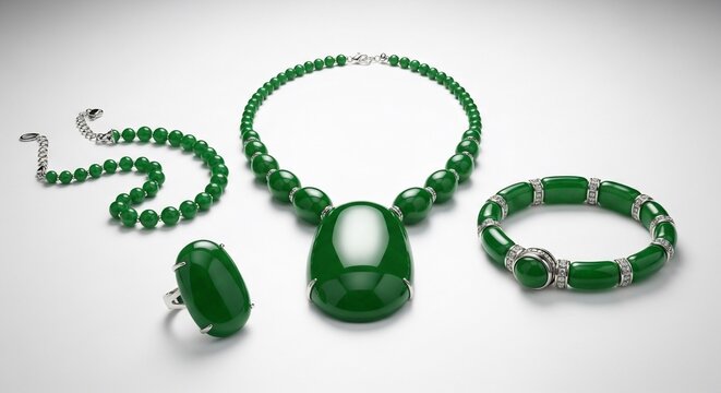 A collection of exquisite green jade jewelry including necklaces, a bracelet, and a ring, elegantly displayed on a white background.
