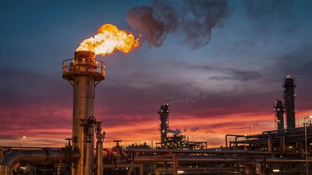 Medium shot of a flare stack burning off crude byproduct gases against a vibrant dusk sky highlighting industrial energy production with a warm glowing flame.
