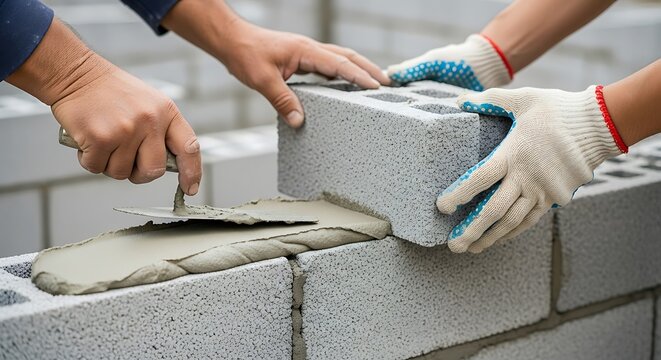 Construction Workers Building Block Wall with Cement and Wearing Gloves
