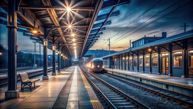A photo of a dimly lit train station at night, with sleek trains parked on the tracks and the glow of streetlights casting long shadows through the wi