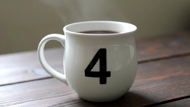 Steaming Coffee Mug with Number Four on Table.