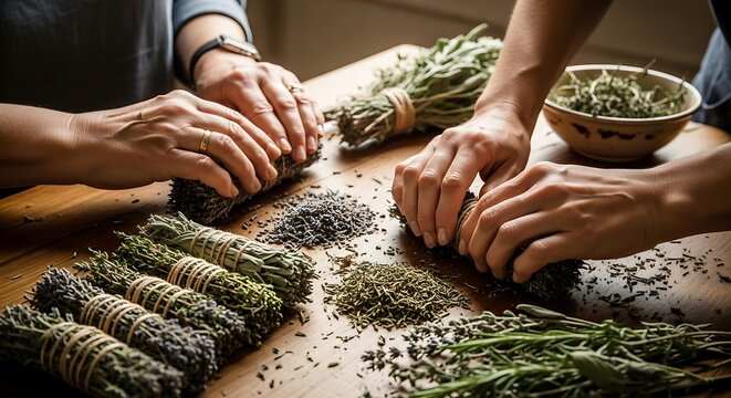 Crafting herbal bundles, artisan work with dried botanicals on a wood table
