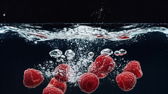 Fresh Raspberries Splashing into Water with Bubbles.