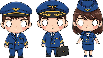 Cartoon-style illustration of airline crew including two male pilots in blue uniforms with hats and one female flight attendant, ideal for aviation, travel, and promotional design. © MstMarufa