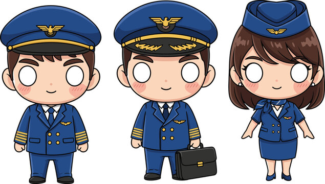 Cartoon-style illustration of airline crew including two male pilots in blue uniforms with hats and one female flight attendant, ideal for aviation, travel, and promotional design.