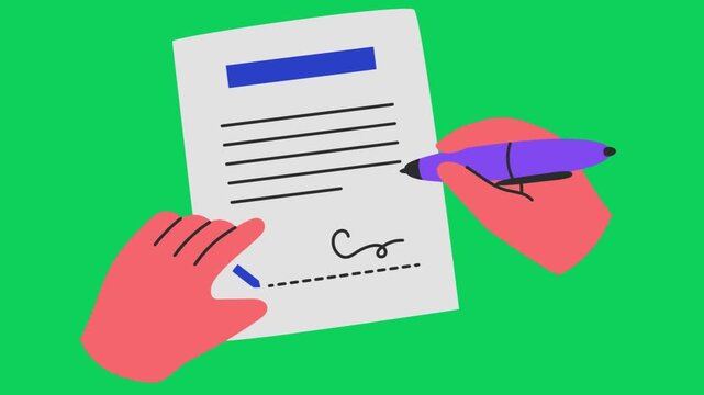 Vibrant flat illustration depicting human hands in the act of signing a crucial document, symbolizing the finalization of a contract, agreement, or official business transaction