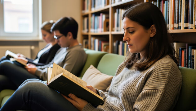 Serene Scholars in Study:  Focused individuals immersed in the world of books, a quiet study session on a comfortable sofa amidst the wisdom-filled shelves of the library.