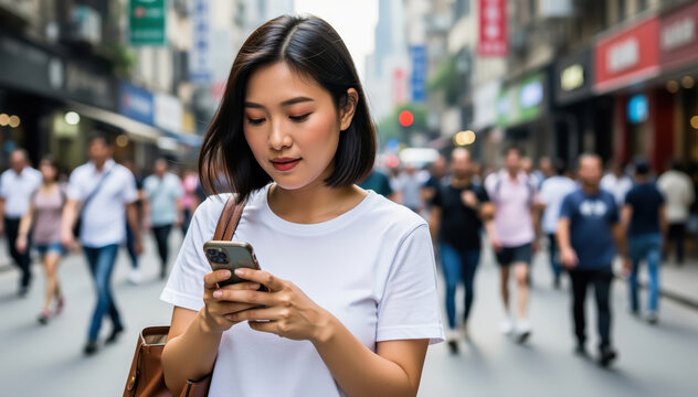 Modern Urban Connectivity: A stylish young woman is engrossed in her mobile phone amidst a bustling city street, a symbol of contemporary communication and urban lifestyle. 