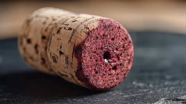 Close up of a used wine cork with red wine stains on a dark surface.