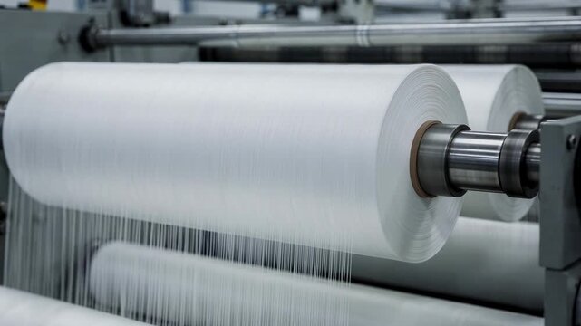 Closeup medium shot of polyester yarn winding on spools designed for conveyor belt production emphasizing smooth consistent fiber texture and industrial setup.
