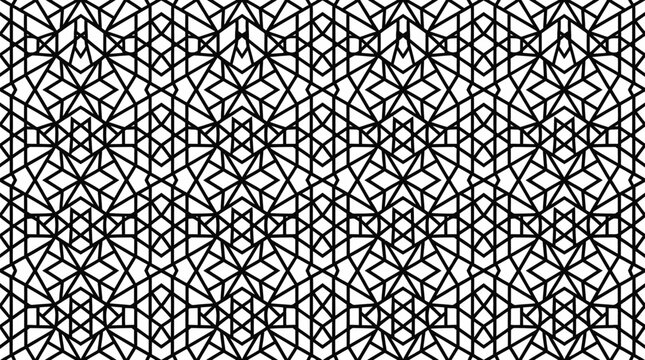 Seamless black and white geometric arabesque tile pattern with interlocking stars.