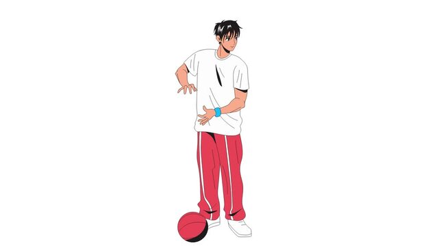 Stylish vector illustration Young man in sports attire, dynamically posed next to a red basketball, hands ready for play, symbolizing urban youth and active lifestyle