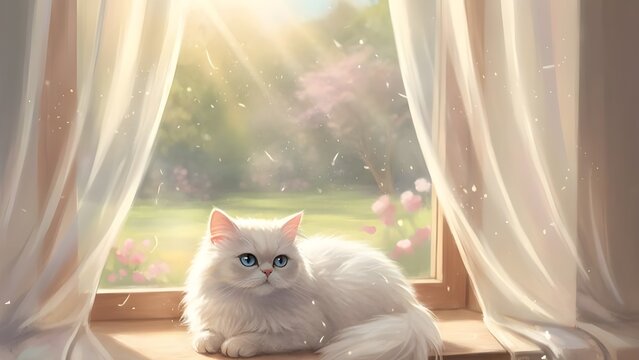 따스한 햇살이 들어오는 창가에서 평화롭게 잠든 하얀 고양이 (A white cat sleeping peacefully by a window with warm sunlight)