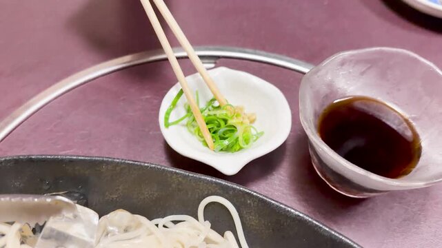 Japanese Somen Noodles Served Cold with Dipping Sauce and Green Onions