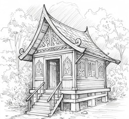 Fototapeta premium Hand Drawn Traditional Asian Wooden House Sketch with Ornate Roof
