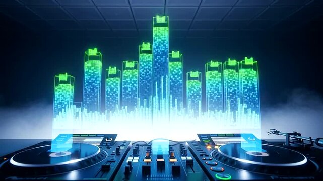 DJ Controller with Equalizer Visuals in Nightclub.