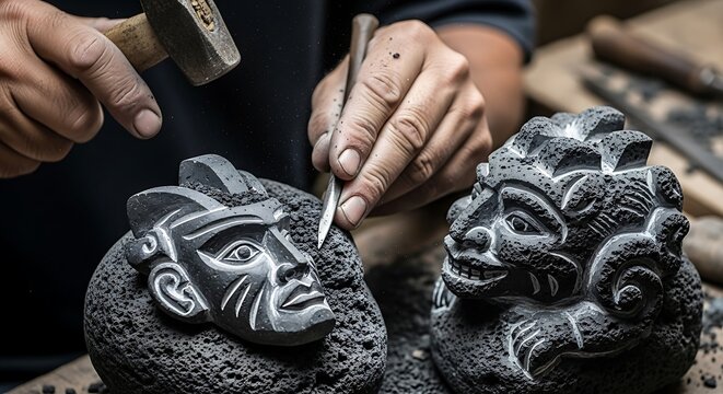 Artisan crafting intricate volcanic rock sculptures with traditional tools