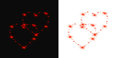 Two Red Heart Shaped Sparkles Floating, Black and Transparent Background; Romantic Overlay; PNG