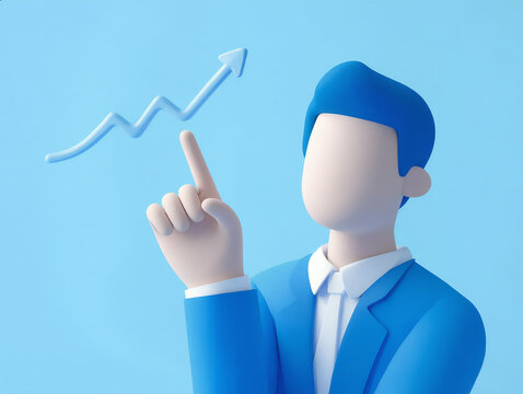 右肩上がりの成長グラフを指差してビジネスの成功や目標達成を提示するビジネスマン3Dイラスト	