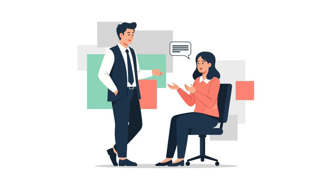 Business meeting: man and woman discussing ideas with speech bubble