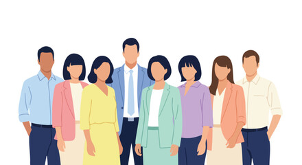 Obraz premium A diverse group of professional men and women stand together in business attire, represented in a clean, faceless flat vector style.