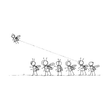Minimalist ink drawing of a lone flying insect leading a row of five walking bugs in a whimsical line formation on a clean white background with simple line art style