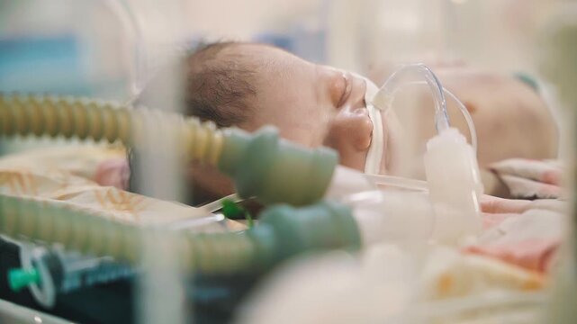 Closeup lovely little newborn baby infant lying in incubators for newborns, Newborn baby having the the breathing problem after birth, newborn in NICU, Neonatal intensive care unit.