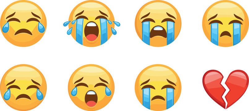 Emotional Crying Emoji Expressions with Tears and Broken Heart Icon