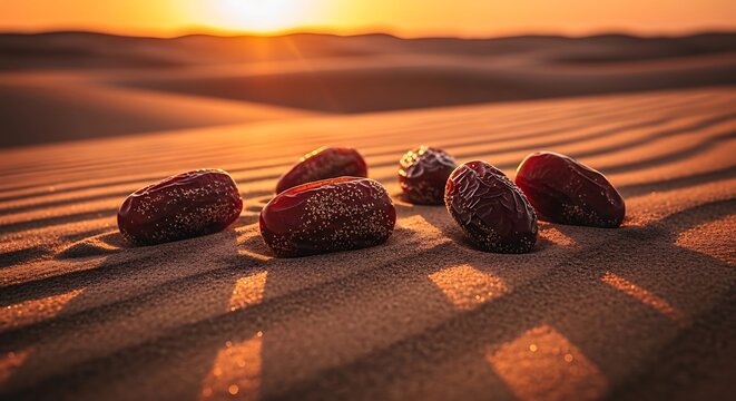 The serene desert landscape at sunset features a cluster of date fruits scattered on sandy dunes.