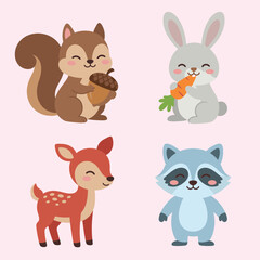 Obraz premium Adorable forest animals set featuring squirrel with acorn rabbit eating carrot baby deer and raccoon cartoon characters in flat style illustration