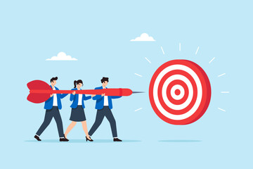 Flat illustration of business team carrying giant dart together to hit large target symbolizing teamwork collaboration shared goal achievement strategic focus and collective success © VZ_Art
