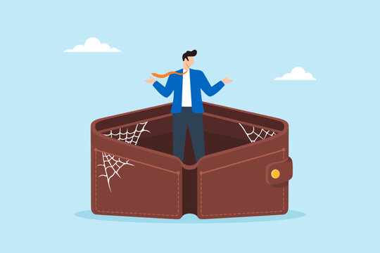 Flat illustration of businessman standing inside empty wallet with cobwebs symbolizing financial struggle poverty low savings cash shortage and broke condition