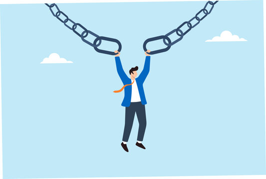 Flat illustration of businessman hanging and holding broken chain links symbolizing weak connection risk instability business vulnerability and potential failure