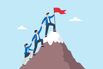 Plakat Flat illustration of business leader on mountain peak holding red flag while helping team members climb upward symbolizing leadership support teamwork guidance success and achievement