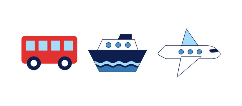 Public Transportation Icons Set Featuring Red Bus, Blue Ship and White Airplane, Travel and Logistics Vector Symbols for Navigation and Tourism