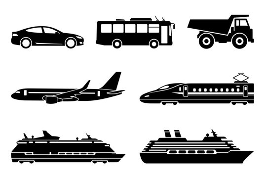 Transportation and Logistics Vehicle Silhouette Icon Set Including Car, Bus, Truck, Airplane, Train, and Cruise Ship for Travel and Cargo Design