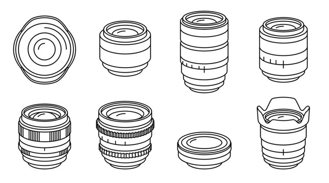 Professional Camera Lenses and Optics Icon Set, Photography Equipment for DSLR and Mirrorless Cameras Including Prime, Zoom, and Wide Angle Lenses