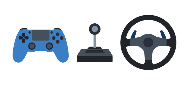 Gaming Equipment Icons Set Including Video Game Controller, Joystick and Racing Steering Wheel Isolated on White Background Vector Graphics Symbols