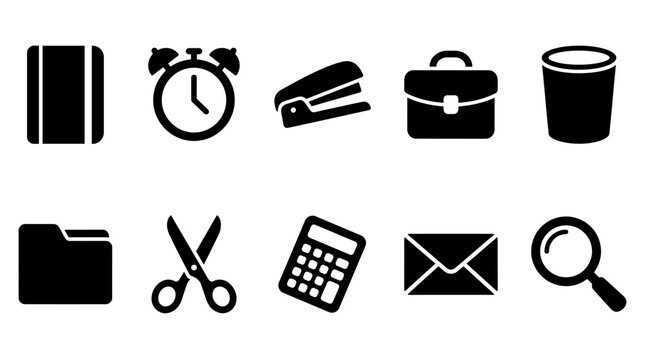 Business and Office Supply Silhouette Icons Set, Notebook, Alarm Clock, Stapler, Briefcase, Trash Can, Scissors and Calculator Symbols for Work Vector