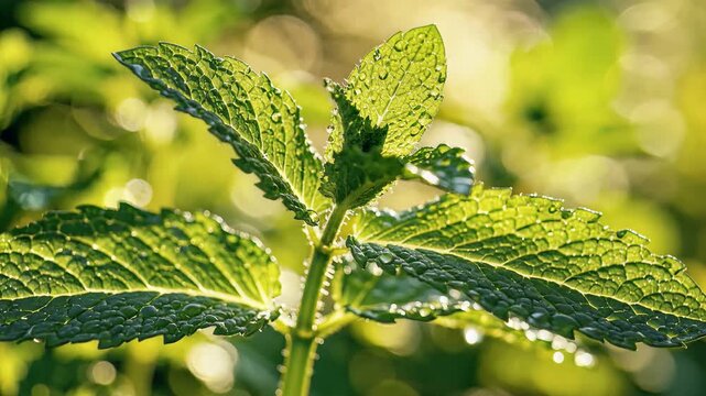 Closeup of Fresh Mint Leaves with Dew Drops in Morning Sunlight.