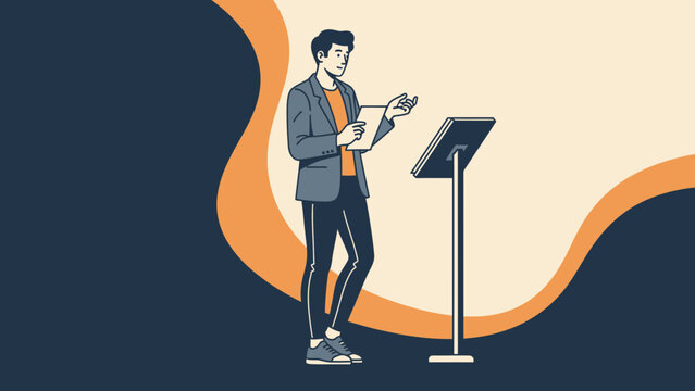 Man giving presentation at lectern, holding notes, modern flat illustration